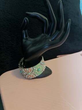 Vintage Ornate Enameled Hinged Bangle Bracelet with Pastel Cabochons and Rhinest